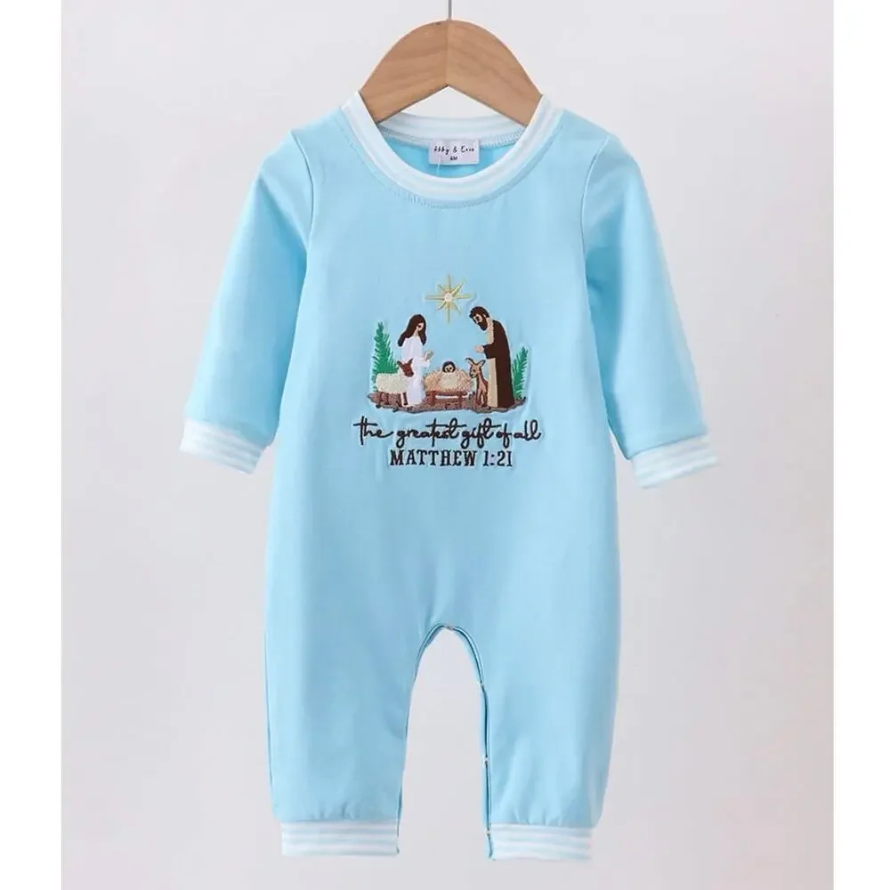 NEW Abby & Evie Christmas Nativity Baby‎ Romper 3M Bible Verse Embroidery